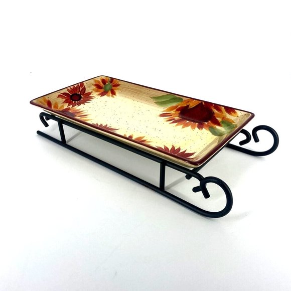 Pfaltzgraff Evening Sun Sled Server Rectangle Tray and Iron Stand Sunflowers - Picture 1 of 7